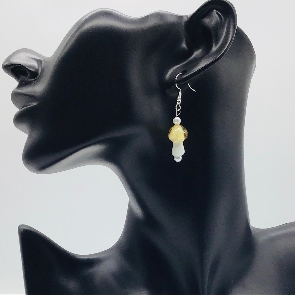 New Magic Mushroom Earrings Lampwork Glass Pearl Yellow White Silver Tone